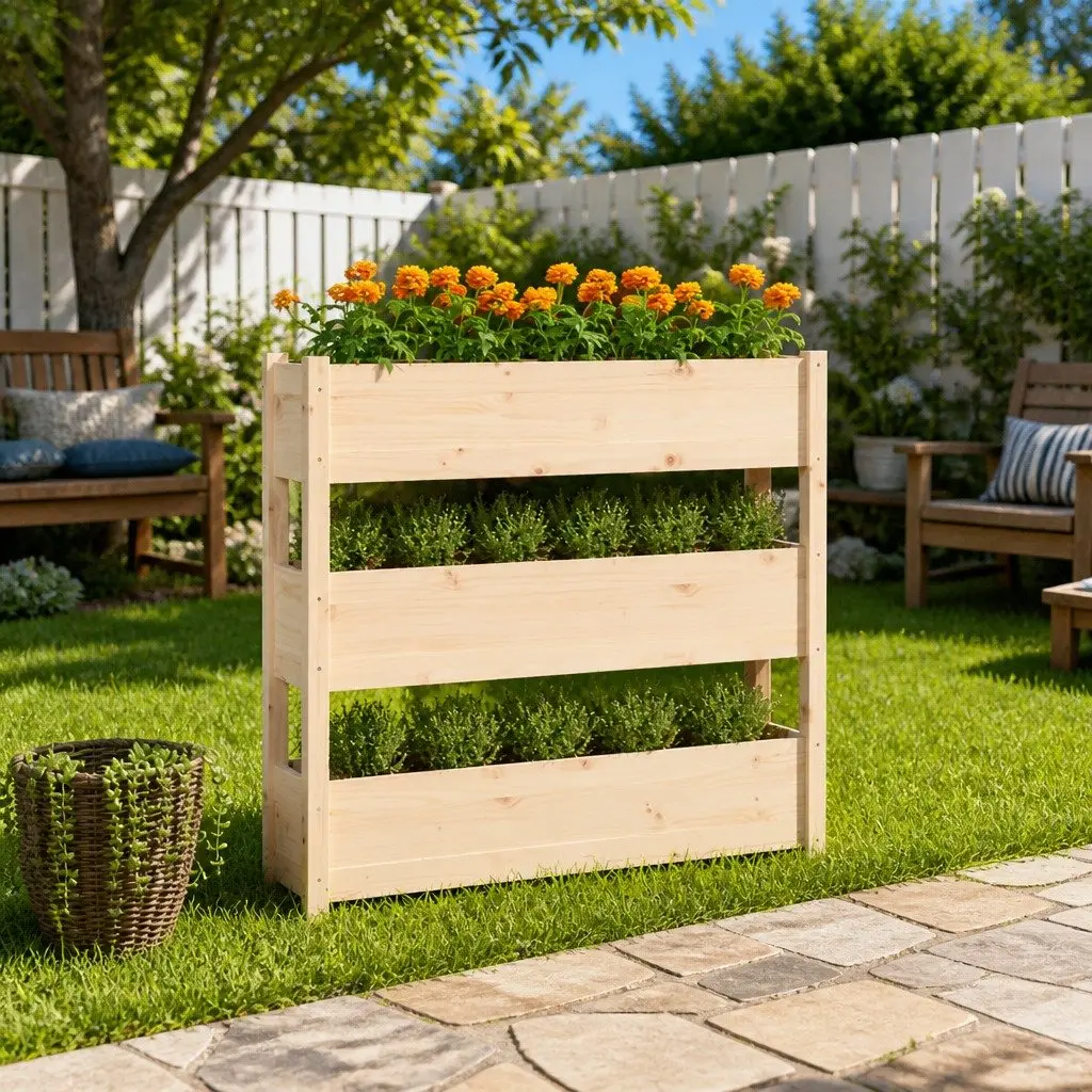 Wooden Garden Planter Brown 112x25x104.5 cm Raised Bed with 3 Flower Boxes
