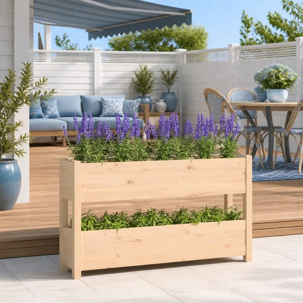 Wooden Planter Box Brown 112x25x66 cm Solid Pine Two Flower Boxes for Garden Vegetable Herb and Plant Decoration