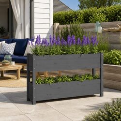 Compact Grey Wooden Planter Box with Two Planting Areas