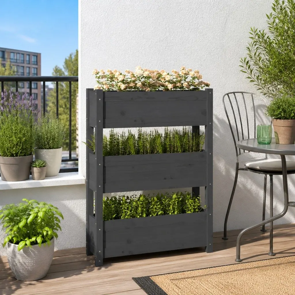 Grey Wooden Raised Garden Bed 77x25x104.5cm Pine Planter Box with 3 Flower Boxes