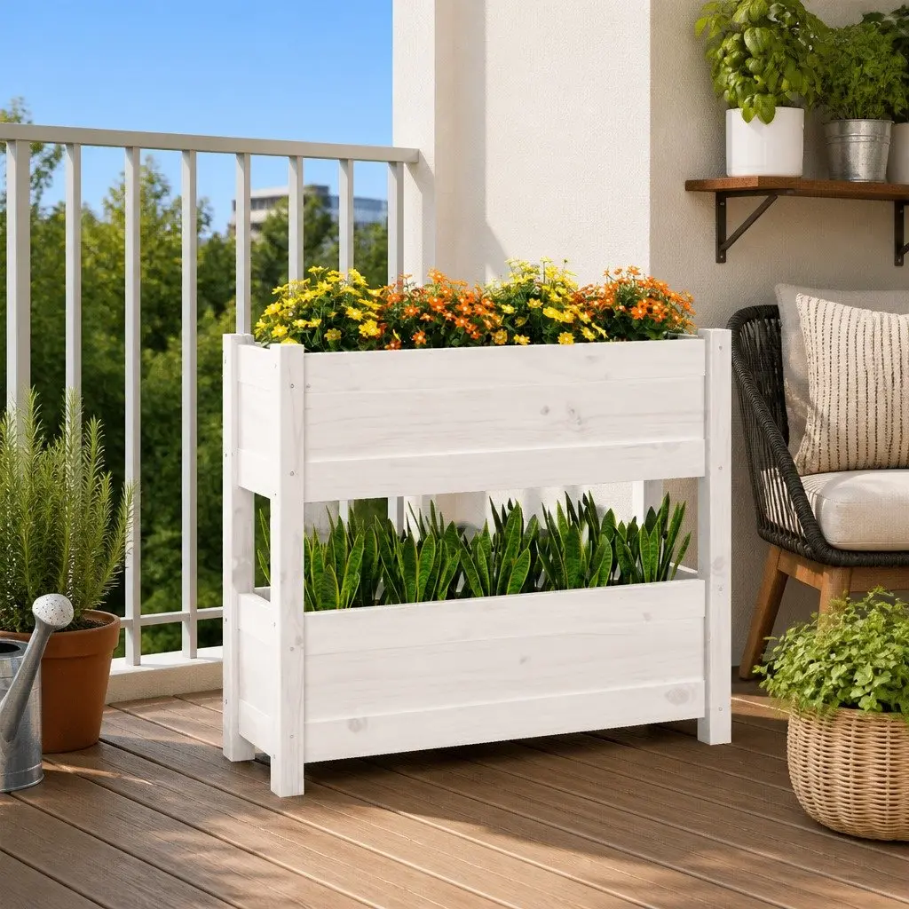 Wooden Planter White 77x25x66 cm Twin Flower Boxes