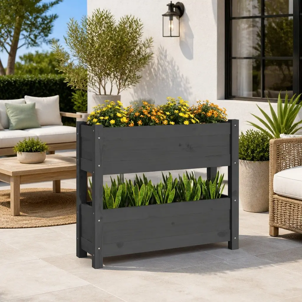 Wooden Planter Grey 2 Flower Boxes Solid Pine Garden Decor