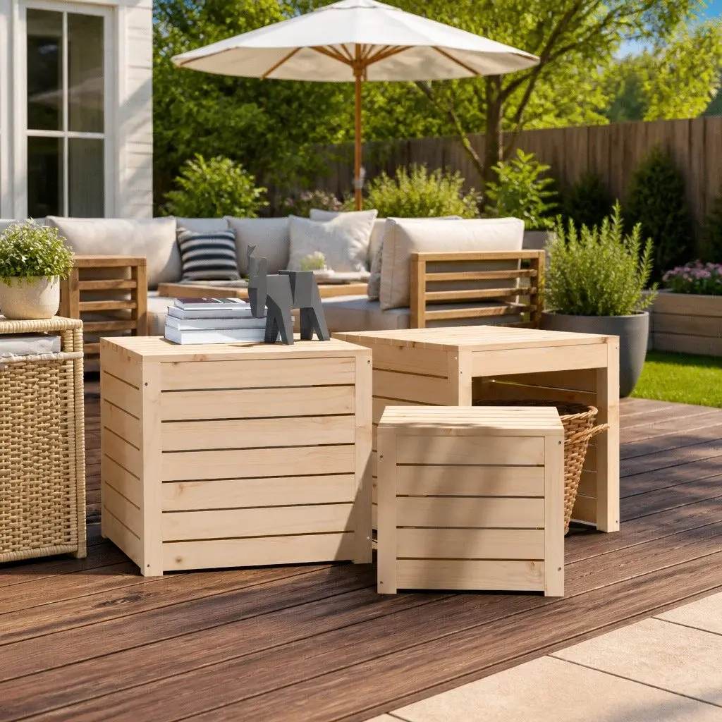 3 Piece Garden Storage Box Set Brown Solid Pine Wood Outdoor Furniture