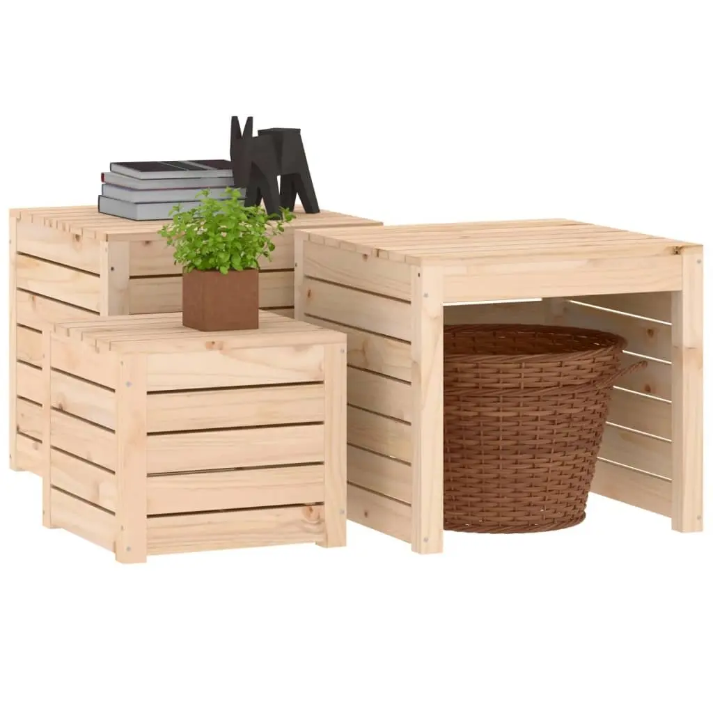 3 Piece Garden Storage Box Set Brown Solid Pine Wood Outdoor Furniture