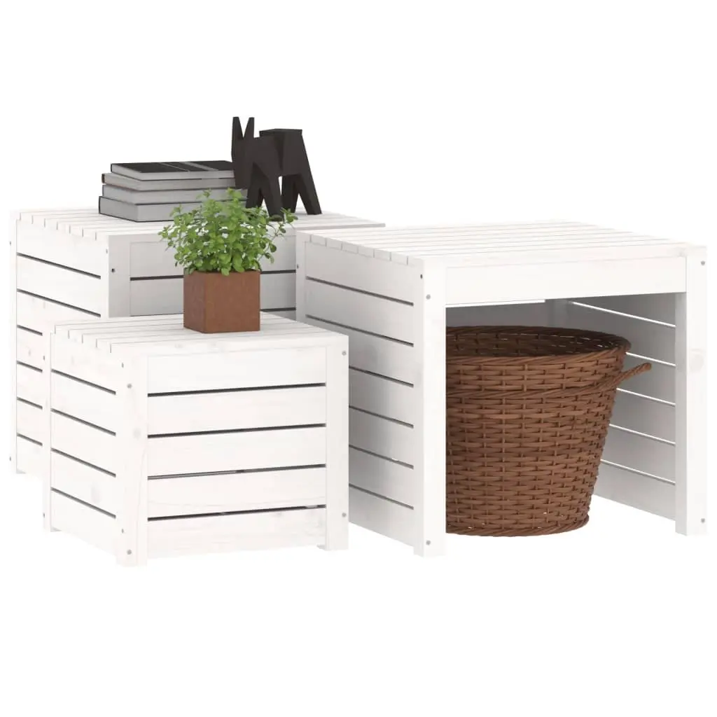 3 Piece Garden Storage Box Set White Solid Pine Wood Outdoor Furniture Lids Included