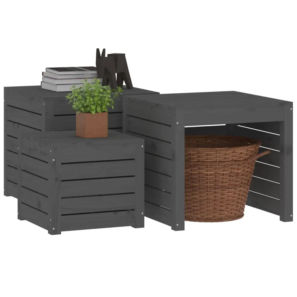 Garden Storage Box Set Grey 3 Piece Solid Pine Wood Outdoor Furniture