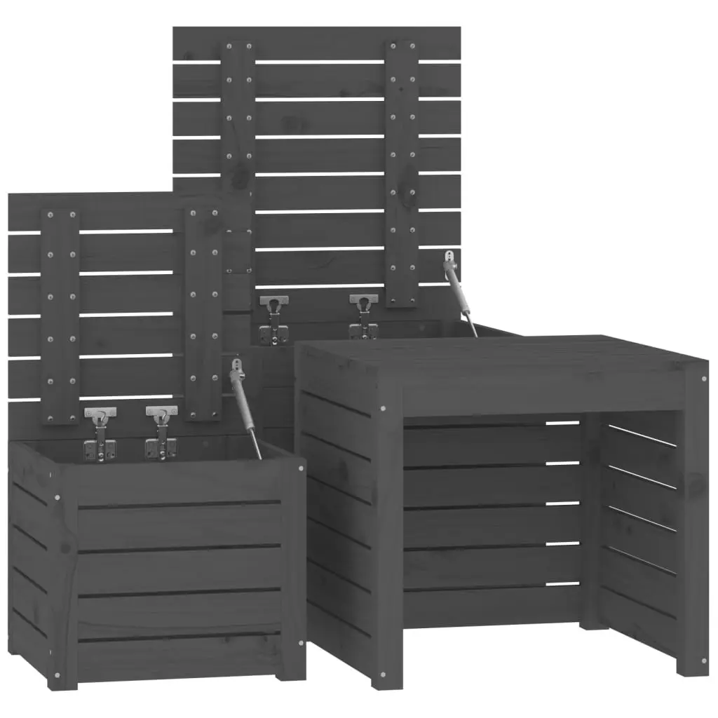 Garden Storage Box Set Grey 3 Piece Solid Pine Wood Outdoor Furniture