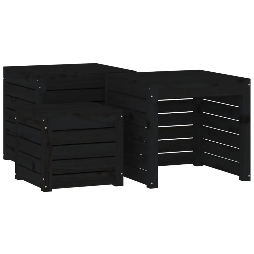 Garden Storage Box Set 3 Piece Black Solid Wood Pine Patio Outdoor Furniture