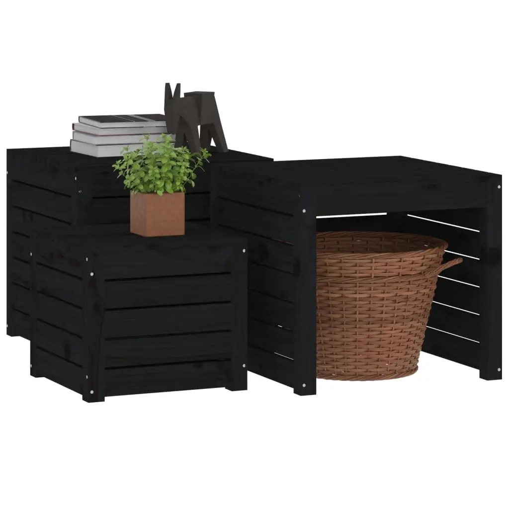 Garden Storage Box Set 3 Piece Black Solid Wood Pine Patio Outdoor Furniture