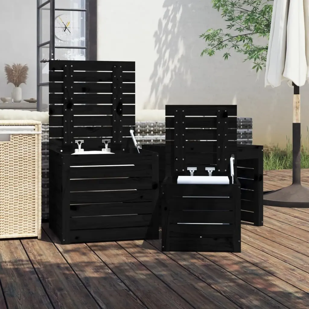 Garden Storage Box Set 3 Piece Black Solid Wood Pine Patio Outdoor Furniture