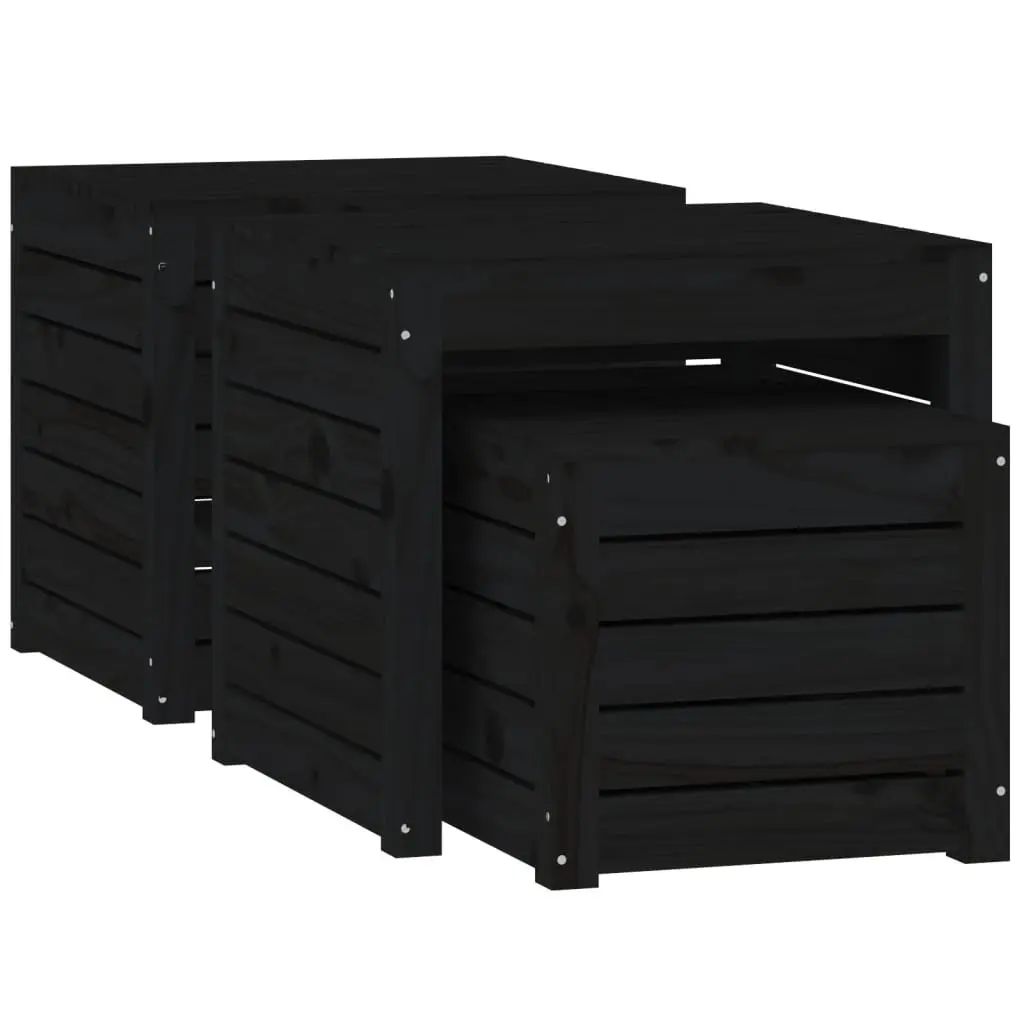 Garden Storage Box Set 3 Piece Black Solid Wood Pine Patio Outdoor Furniture