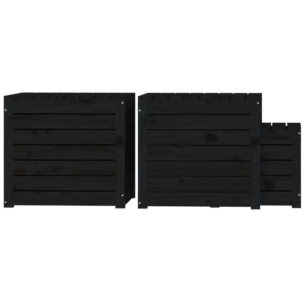 Garden Storage Box Set 3 Piece Black Solid Wood Pine Patio Outdoor Furniture