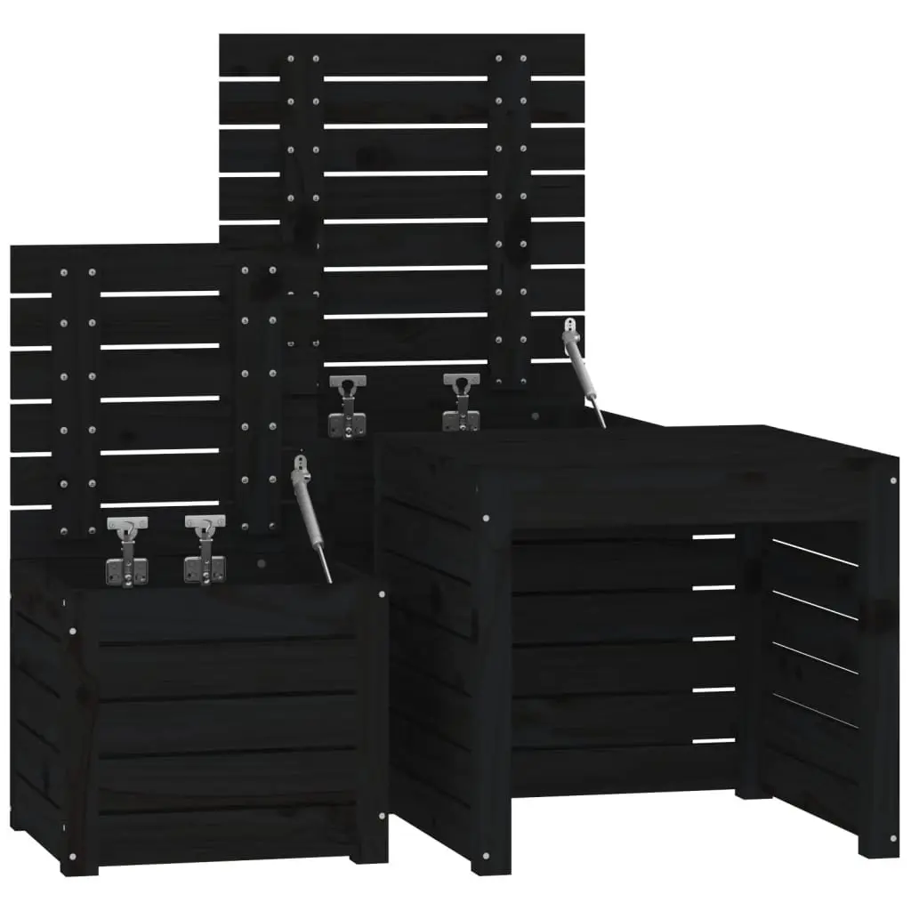 Garden Storage Box Set 3 Piece Black Solid Wood Pine Patio Outdoor Furniture
