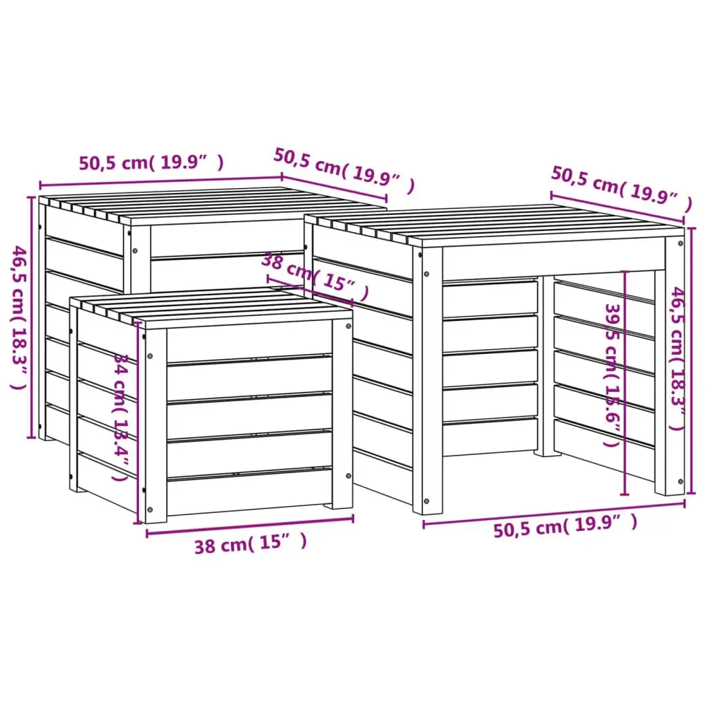 Garden Storage Box Set 3 Piece Black Solid Wood Pine Patio Outdoor Furniture