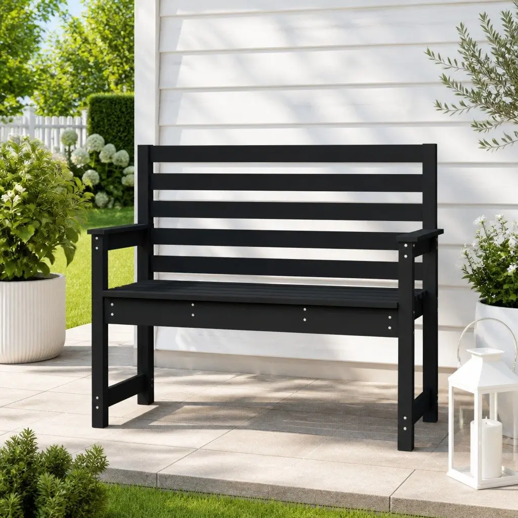 Garden Bench Black Wooden 109x48x91.5cm Backrest Armrests Slatted Seat