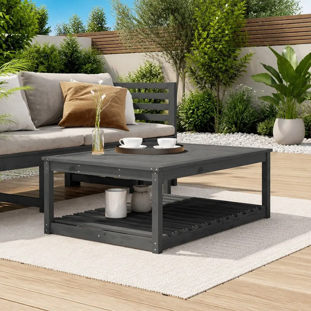 Wooden Garden Table Grey Solid Pine Outdoor Dining Desk with Storage