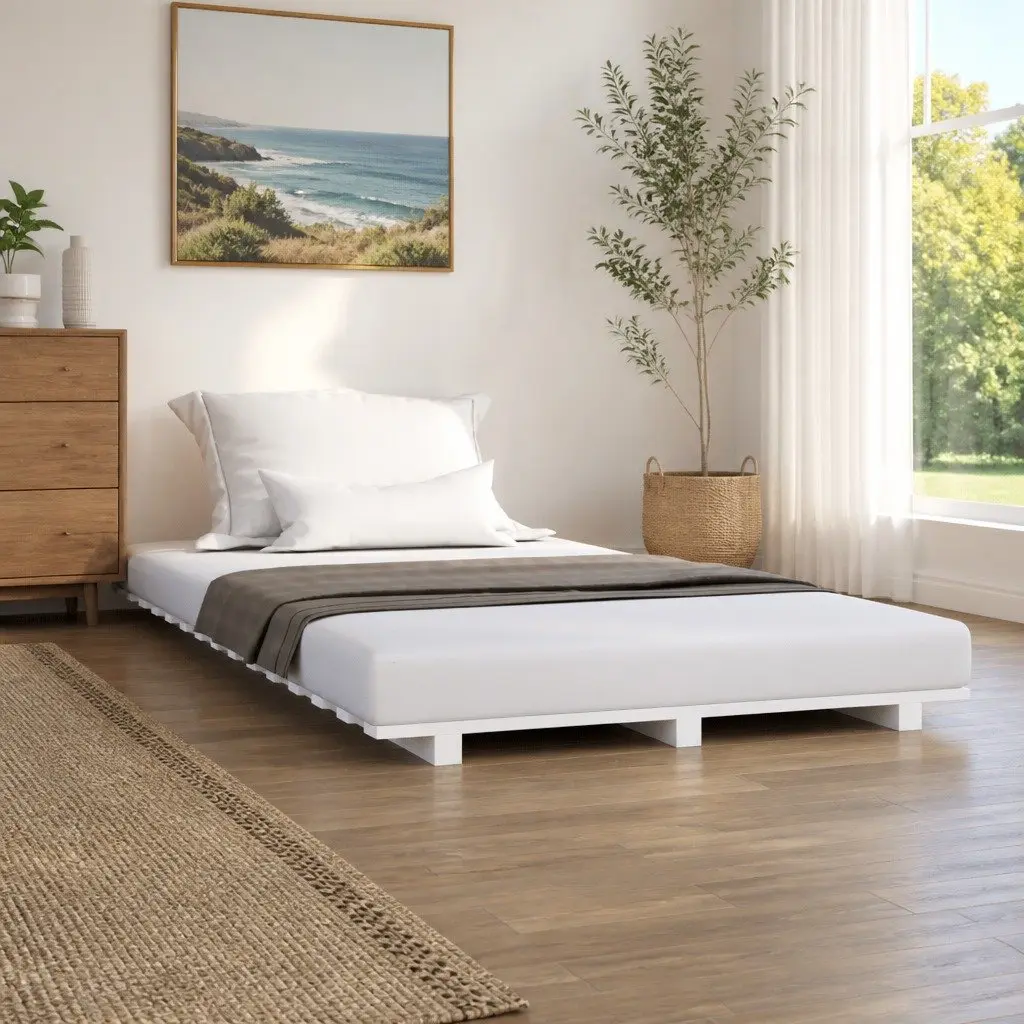 Pine Wood Bed Frame White 90x190 cm Sturdy Slatted Base Bedroom Furniture