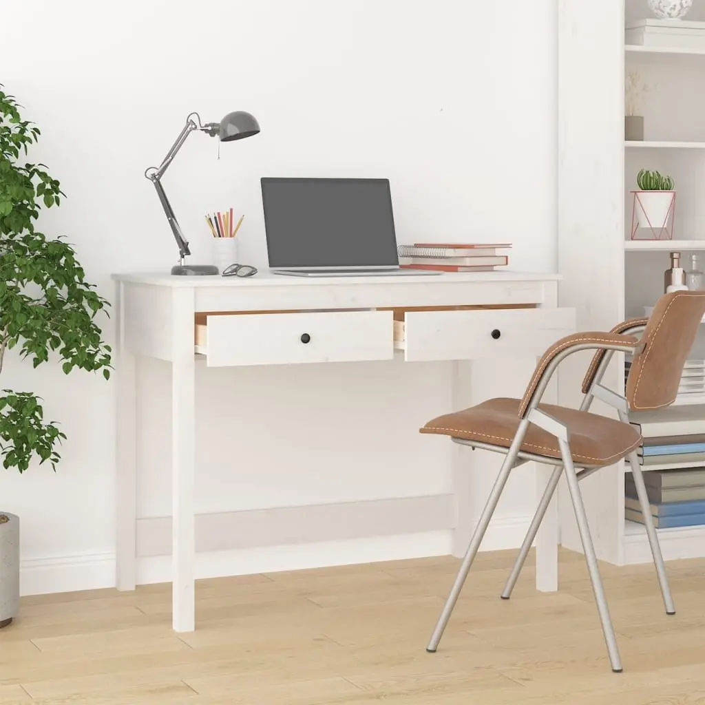 Solid Wood Desk White 100 x 50 x 78 cm with 2 Drawers for Office Study Computer Furniture