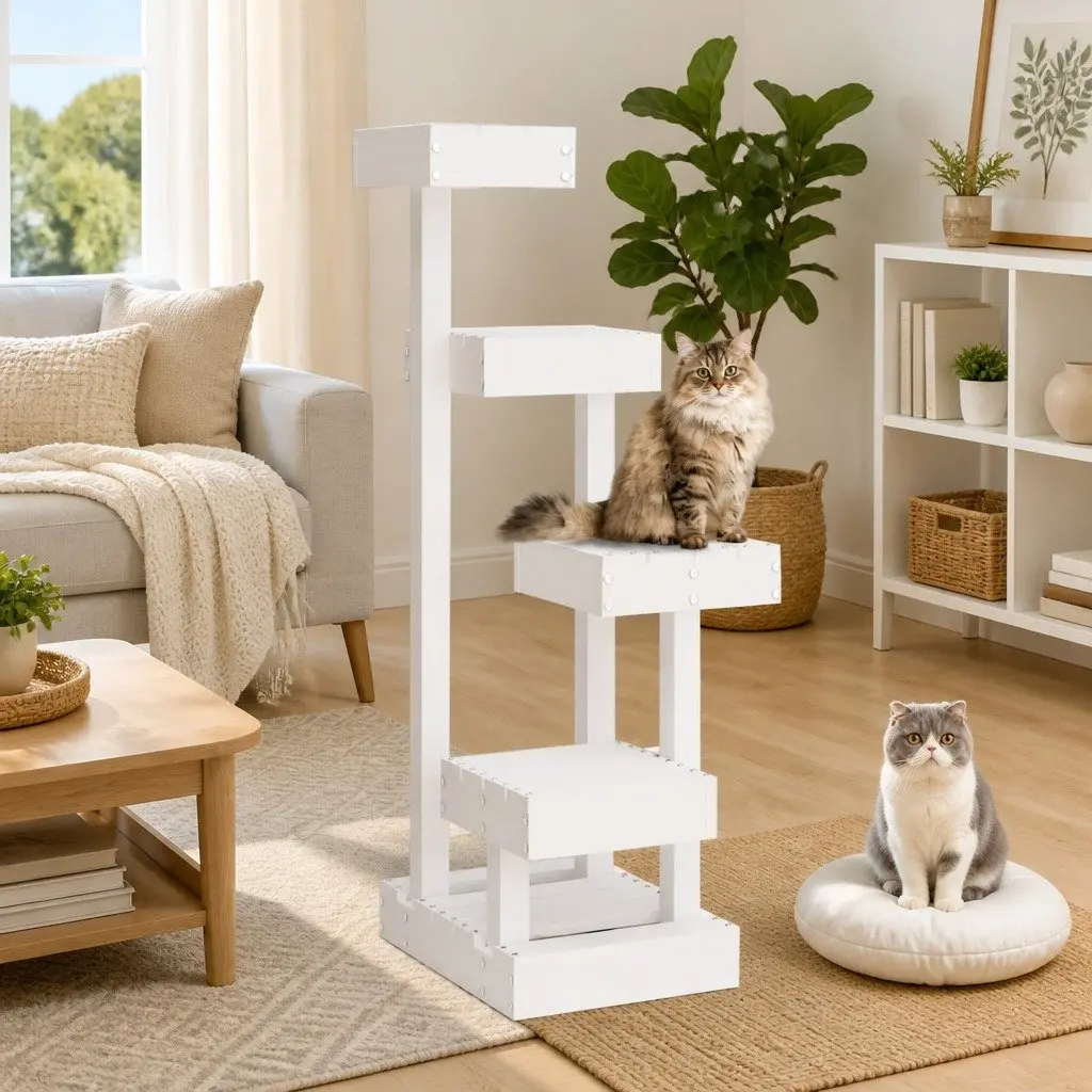 Cat Tree White Solid Pine Wood 4 Platform Multi-Level Cat Furniture Tower