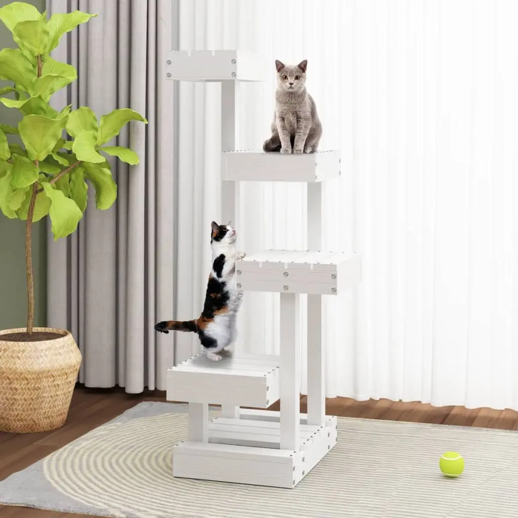 Cat Tree White Solid Pine Wood 4 Platform Multi-Level Cat Furniture Tower