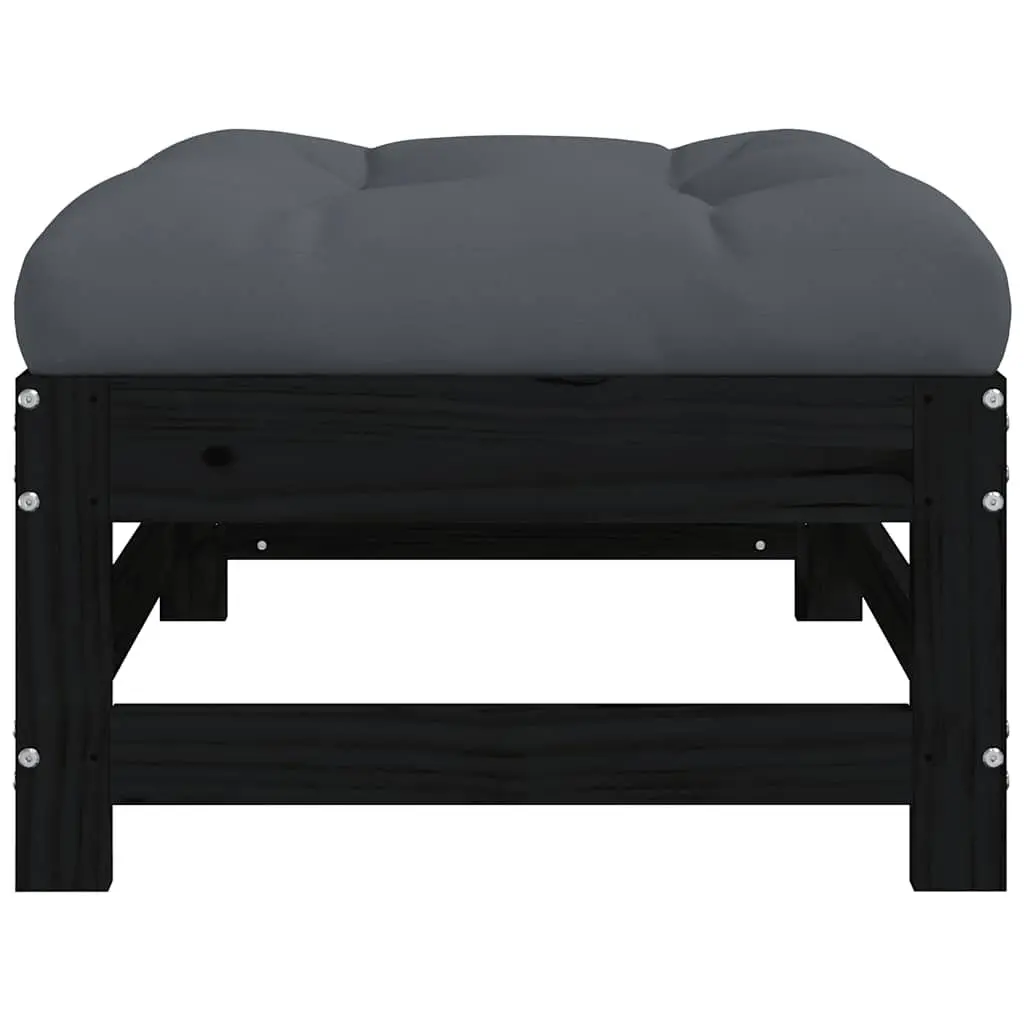 Garden Footstool with Cushion Black Solid Wood Pine Outdoor Seating Patio