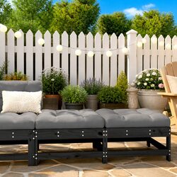 Outdoor Garden Footstools with Cushions Set of 2 Black Wood Patio Seating