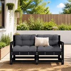 Black Wooden Outdoor Garden Chairs with Cushions - Set of 2