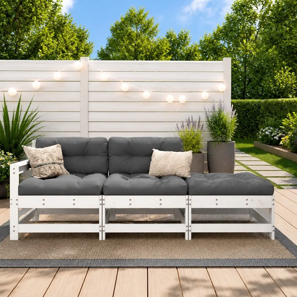 3 Piece Garden Lounge Set with Cushions Outdoor Sectional Seating White Wood