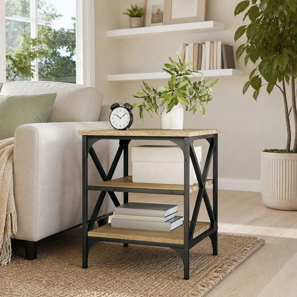 Side Table Brown 40x42x50cm Engineered Wood Storage with Steel Frame