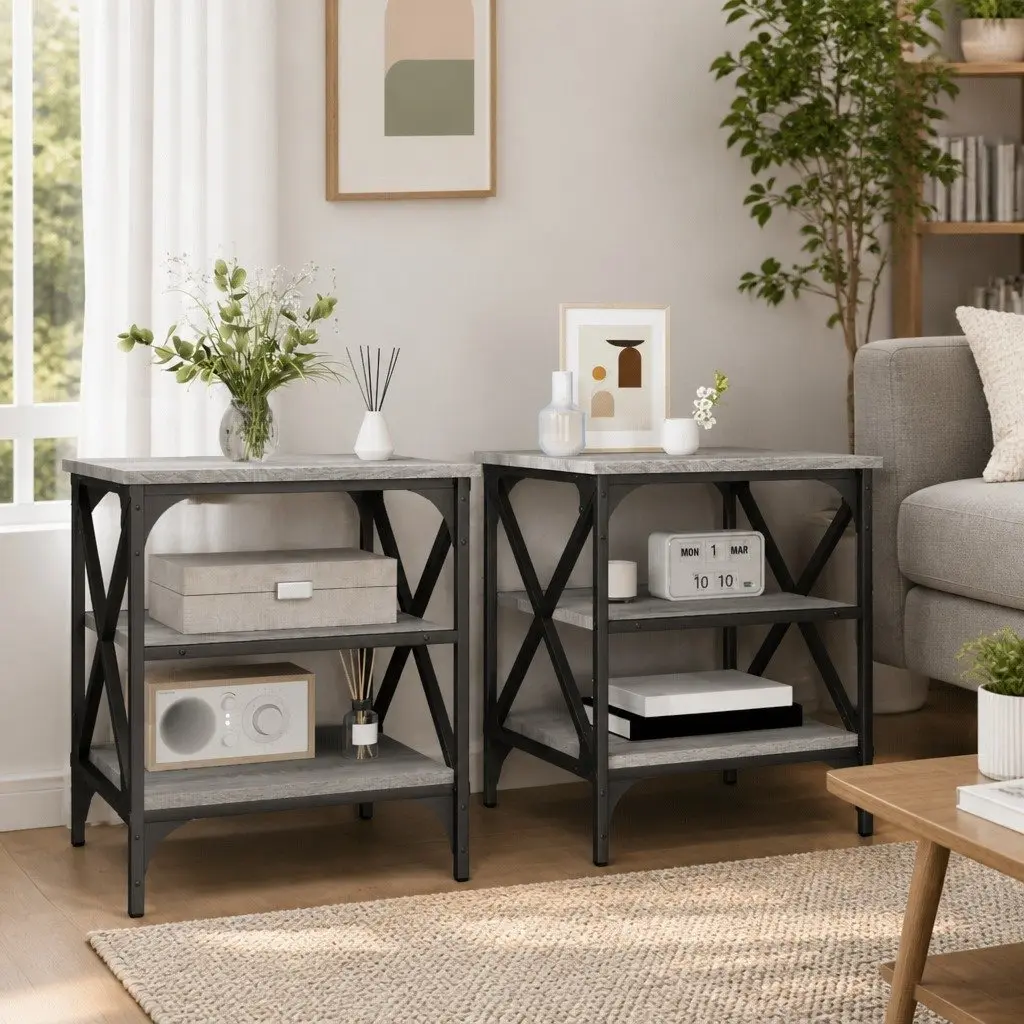 End Tables Grey 2 Piece Engineered Wood Side Table Storage Accent Furniture
