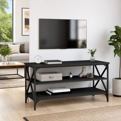 TV Cabinet Media Storage Stand Industrial Style Black Engineered Wood Unit