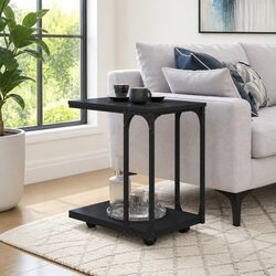 End Table with Wheels Storage Black C-Shape Design Living Room Accent Furniture