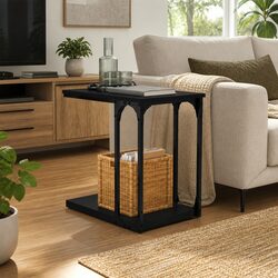 Concise Black C-Shaped Side Table with Storage Space