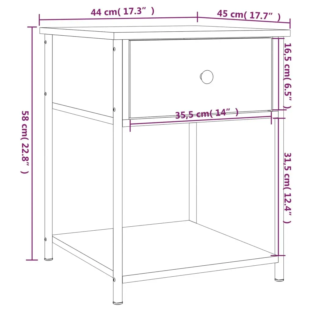 Brown Bedside Tables 2 pcs Engineered Wood Storage 44x45x58 cm Metal Frame