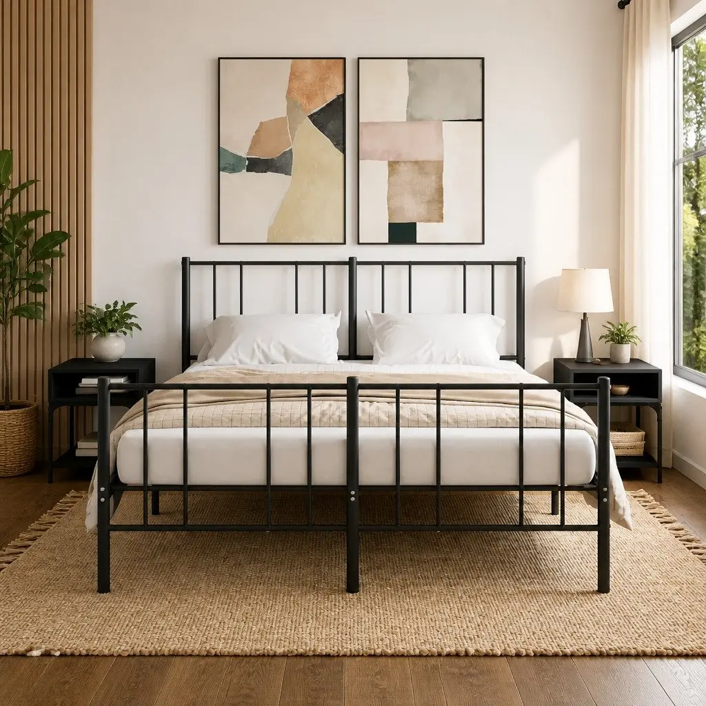 Storage Cabinet Nightstand Set of 2 Black 40x41x50 cm Bedside Tables with Engineered Wood and Iron Frame