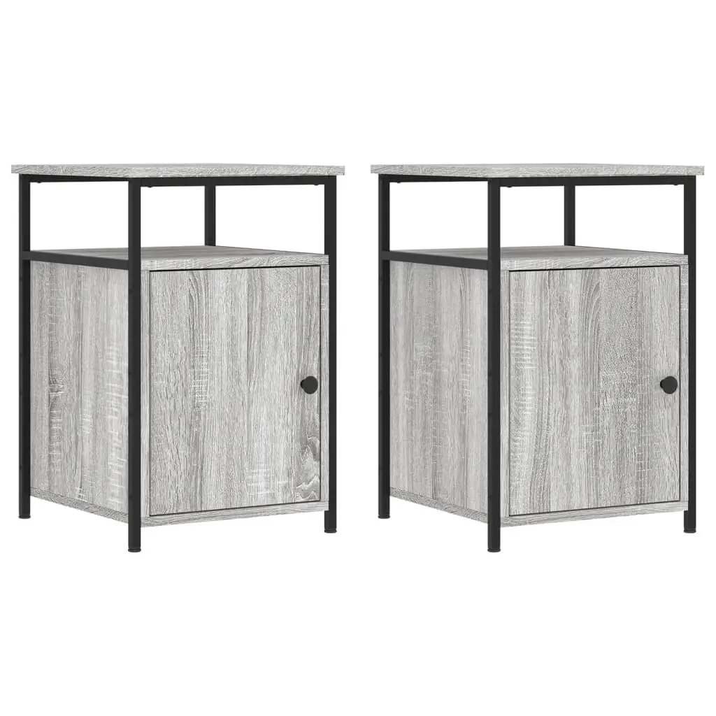 Bedside Tables Grey Sonoma Engineered Wood 2 Piece Ample Storage with Iron Frame and Adjustable Feet