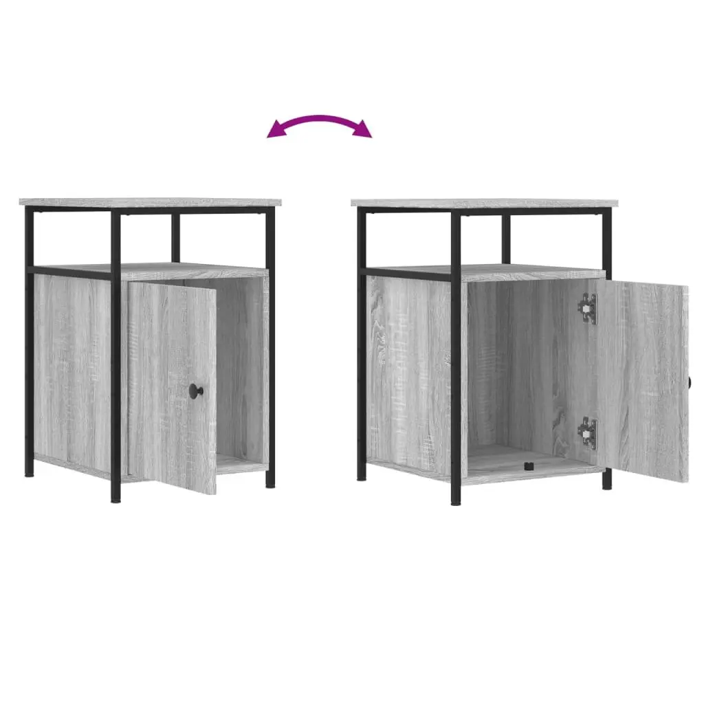 Bedside Tables Grey Sonoma Engineered Wood 2 Piece Ample Storage with Iron Frame and Adjustable Feet