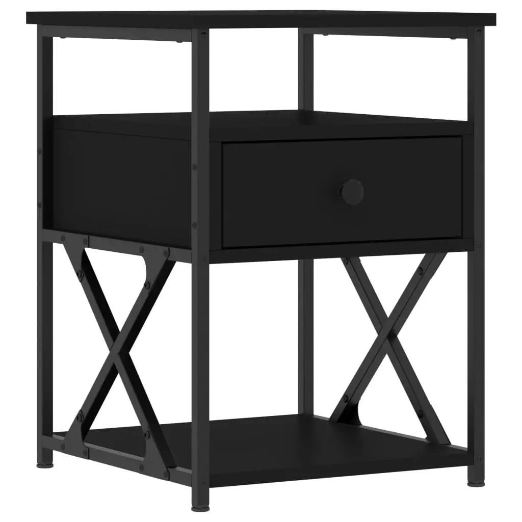 Engineered Wood Bedside Cabinet Black Compact Storage Nightstand with Iron Frame 40x42x55cm