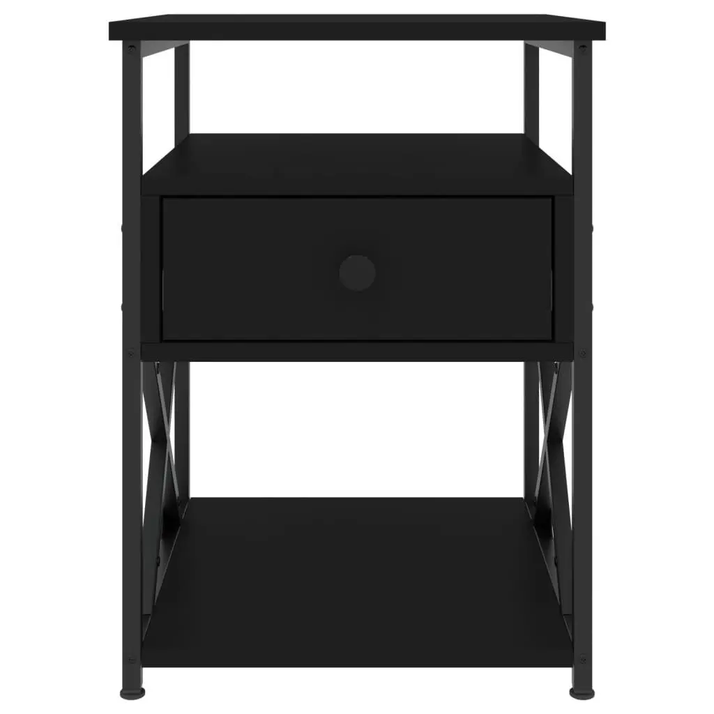 Engineered Wood Bedside Cabinet Black Compact Storage Nightstand with Iron Frame 40x42x55cm