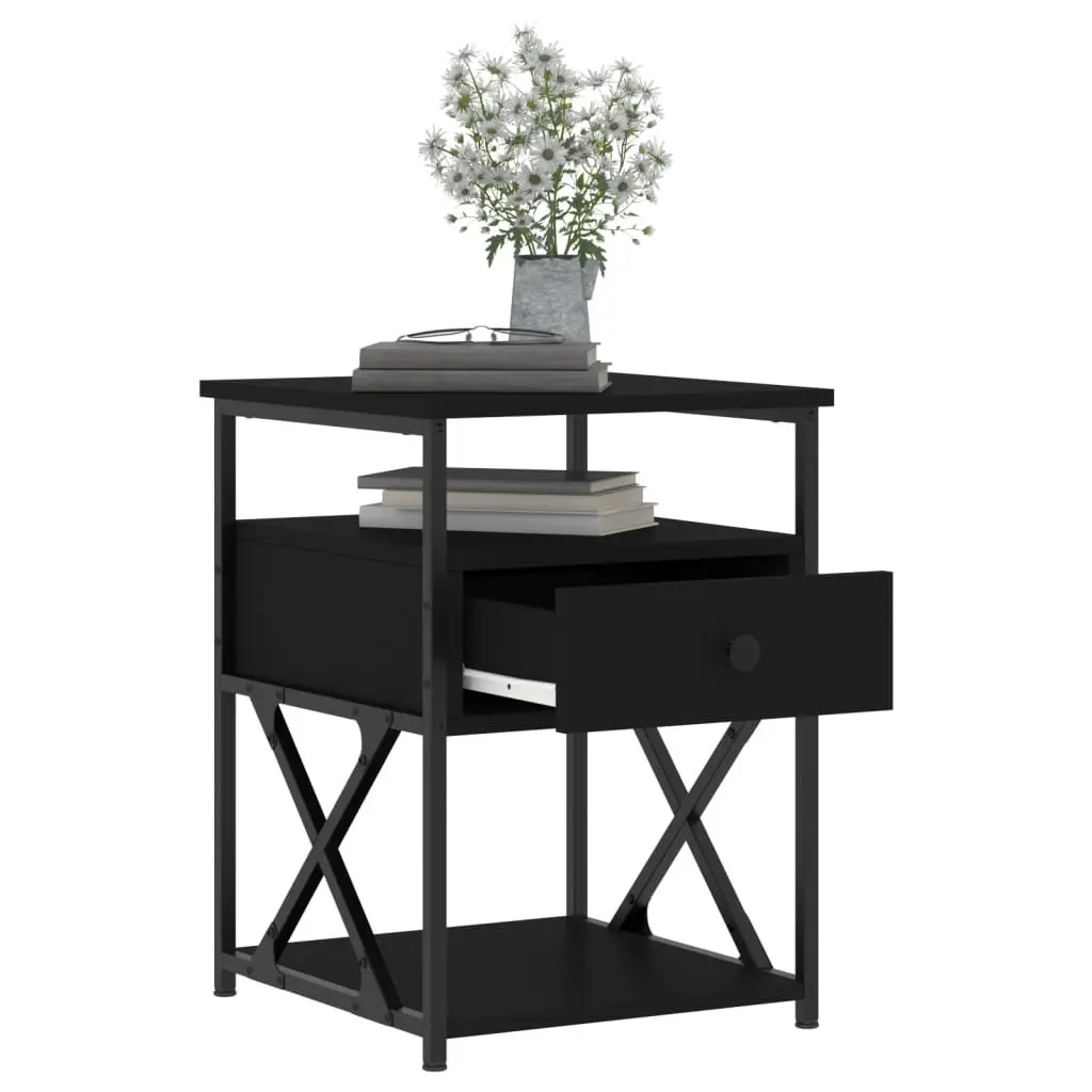 Engineered Wood Bedside Cabinet Black Compact Storage Nightstand with Iron Frame 40x42x55cm