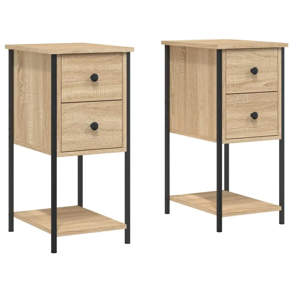 Brown Engineered Wood Bedside Tables 2 Piece Compact Storage Cabinets with Sturdy Iron Frame for Bedroom or Living Room