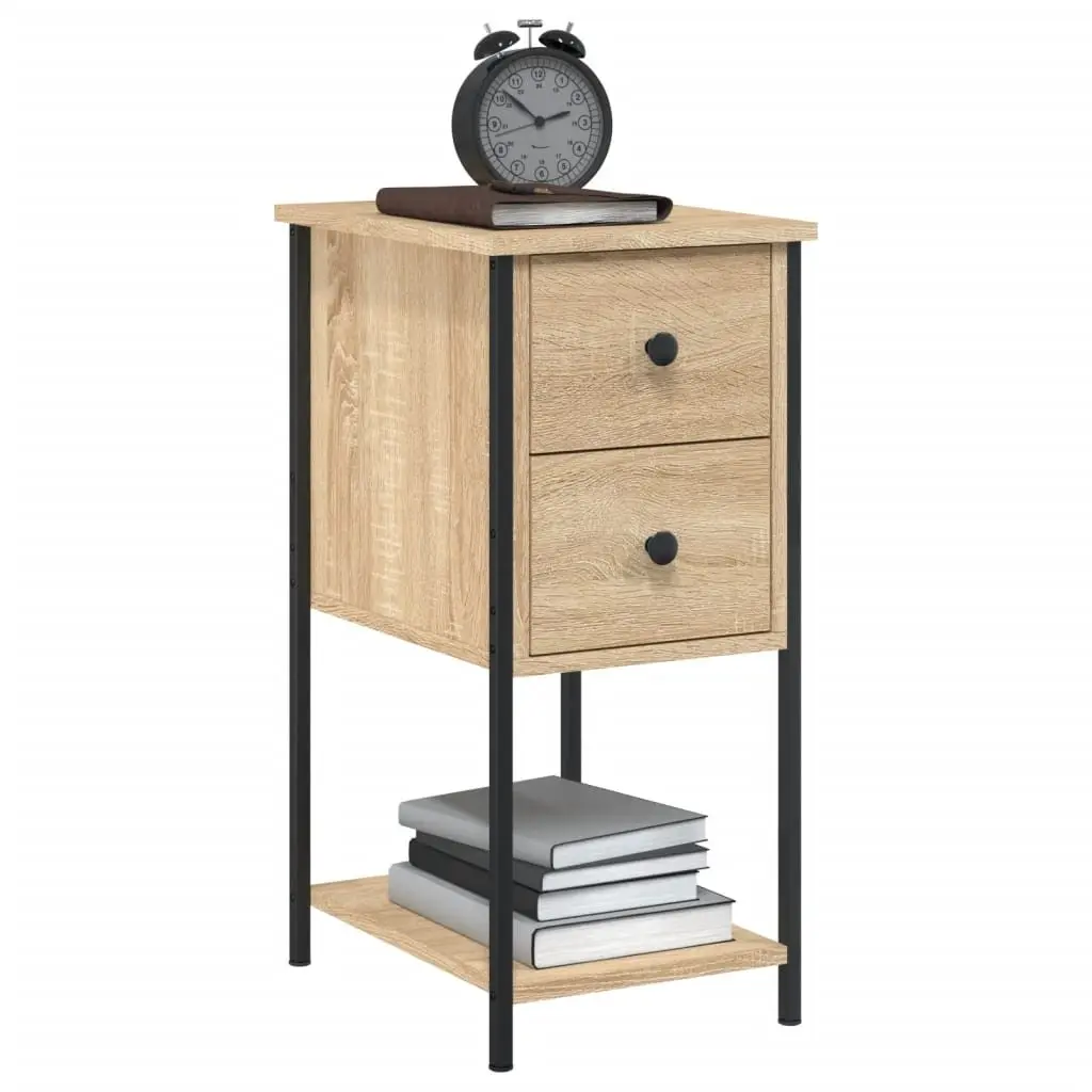 Brown Engineered Wood Bedside Tables 2 Piece Compact Storage Cabinets with Sturdy Iron Frame for Bedroom or Living Room