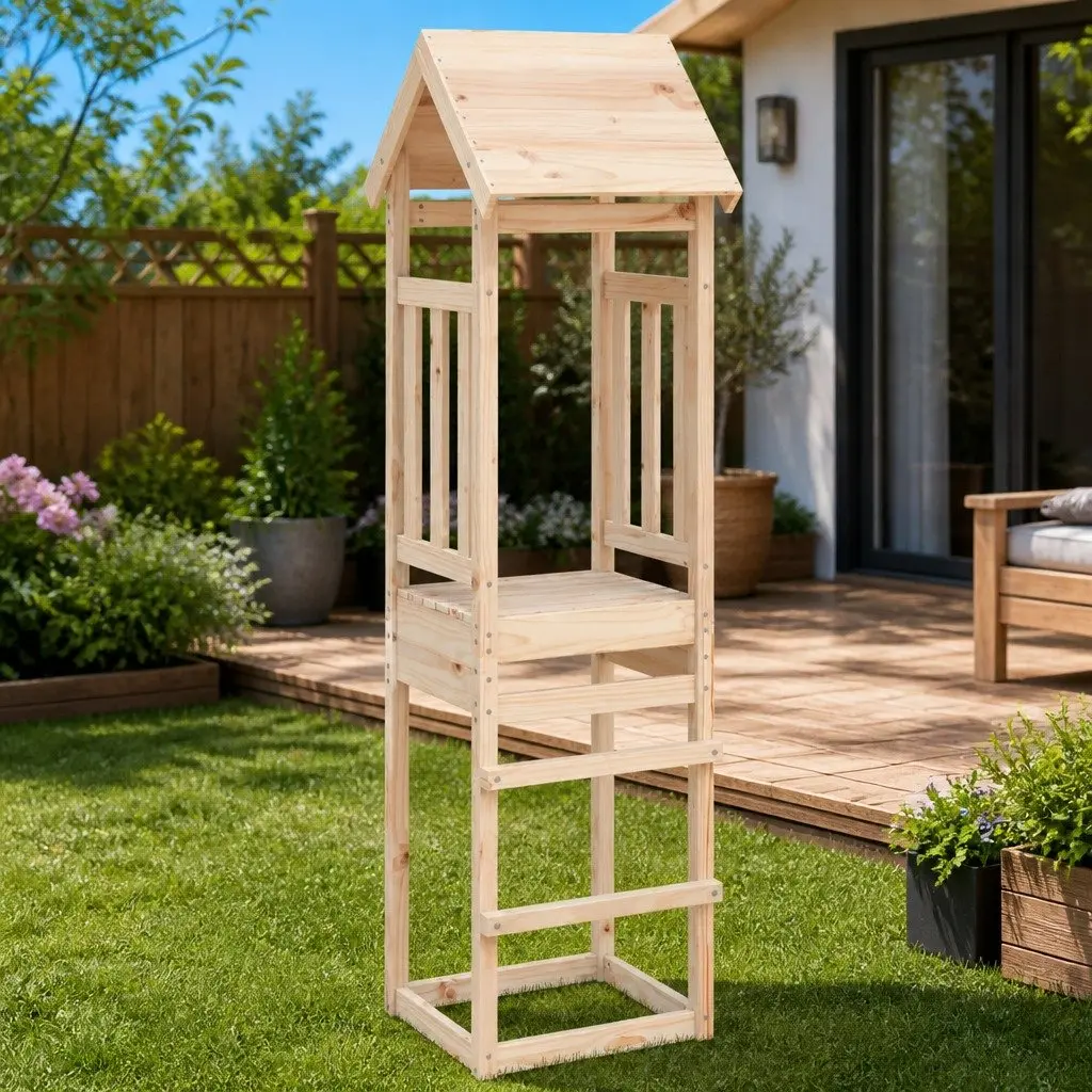 Wooden Play Tower Brown 52.5x46.5x206.5cm Solid Pine Outdoor Garden Playhouse