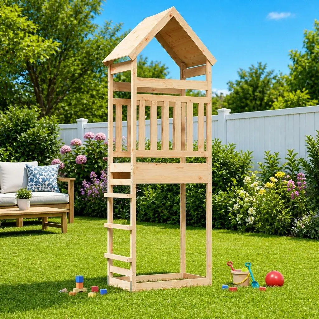 Wooden Play Tower Brown Outdoor Kids Backyard Playhouse with Roof