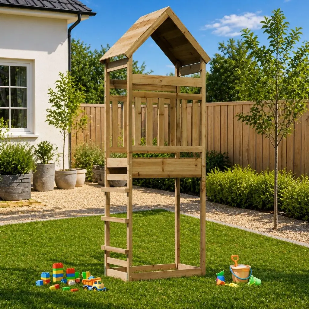 Wooden Play Tower Brown Outdoor Climbing Structure with Railings and Roof