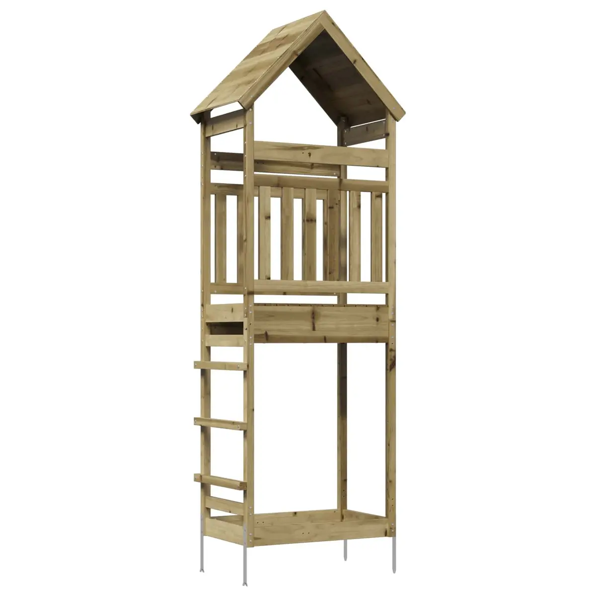 Wooden Play Tower Brown Outdoor Climbing Structure with Railings and Roof