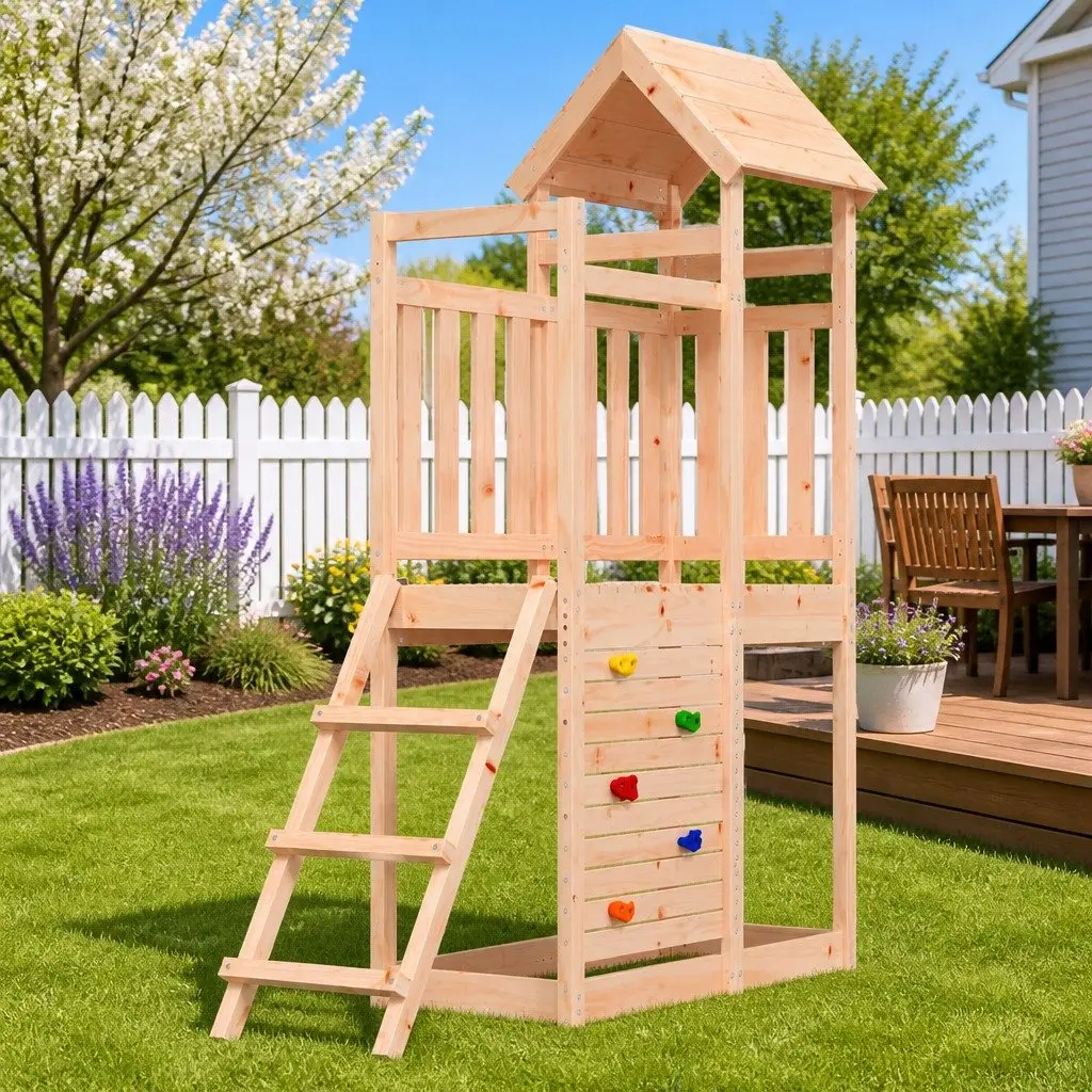 Wooden Climbing Frame Brown Outdoor Playset Rock Wall Ladder