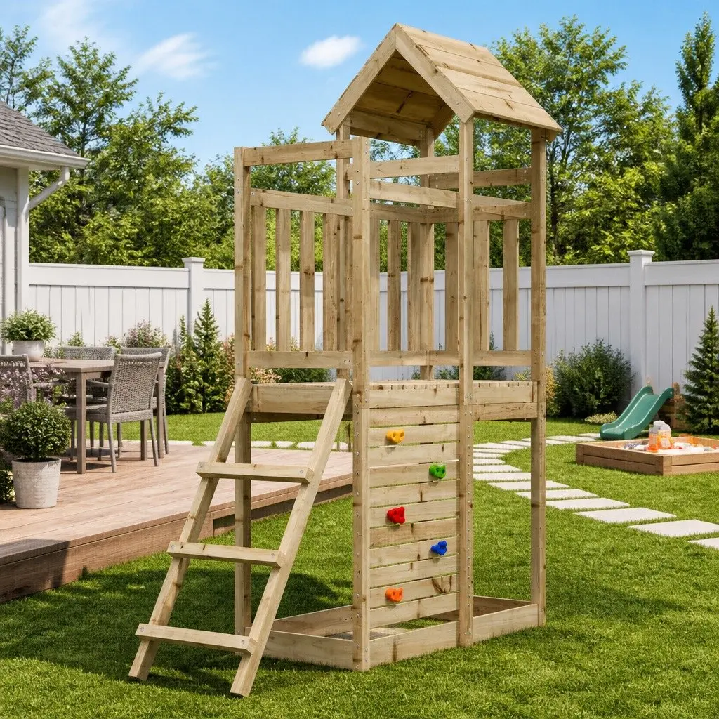 Wooden Outdoor Playset Brown Climbing Frame Rockwall Ladder