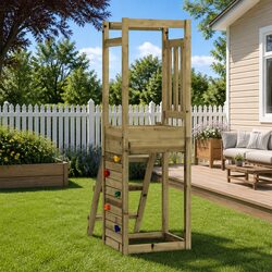 Compact Wooden Playset with Rockwall for Fun Climbing