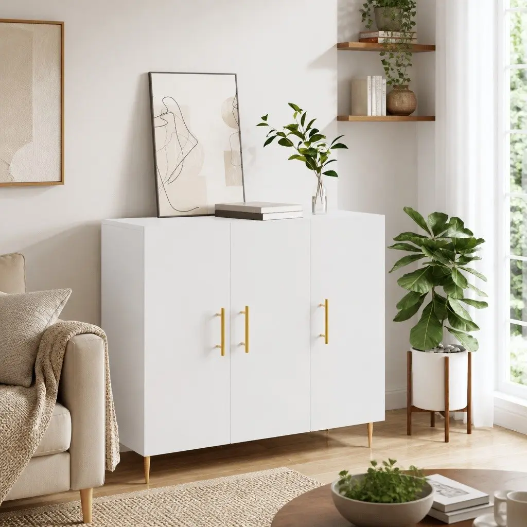 Sideboard Storage Cabinet White Engineered Wood 90x34x80 cm with Metal Legs for Living Room